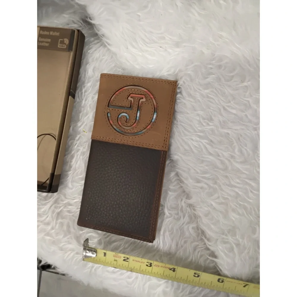 Justin Mens Rodeo Wallet Genuine Leather RFID Brown Tan Embossed‎ J Logo